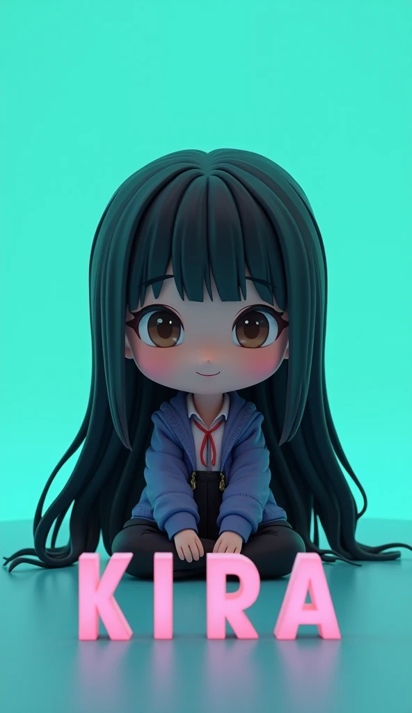 Kikyo anime chibi 3d cabello largo o color negro sitting on the name "KIRA",  letters in the color of the same atmosphere gradient background virtual aqua, Pans Jongers black , very straight long hair, brown eyes 3d render , photo, Realistic , anime, photo...