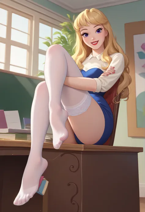 PonyXLV6_Scores ,source_anime, masterpiece,best quality, highly detailed,cinematic,
BREAK
princess Aurora,1girl, solo, full body view, Blonde and loose hair, thin face, purple eyes, red lips, smiling, dressed as sexy secretary, light brown sheer stockings,...