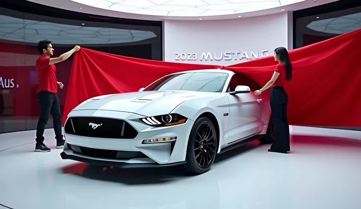 captivating image of a [ 2025 ford Mustang  ] white colour taking a center stage in a luxurious white showroom.The futuristic, vibrant ( white )exterior gleams , showcasing its sleek aerodynamic design and bold accents ,the words  2025 ford Mustang ) a man...