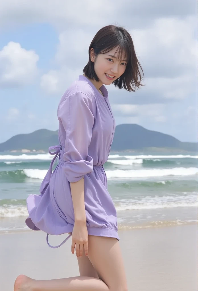  angle shot from below in a light purple dress 、  slouching position with collar、  open shirt  、  no underwear、 skirt rolling up due to strong wind 、  one girl 、Japanese Uniform、barefoot、  beach  、smile

