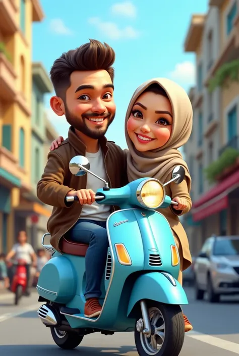  Make a caricature of a 30-year-old man with short hair in a jacket in trousers,  a 27-year-old woman dressed as a Muslim . Riding a sky blue vespa .  hyper realistic photo result ,  8k ultra hd quality .