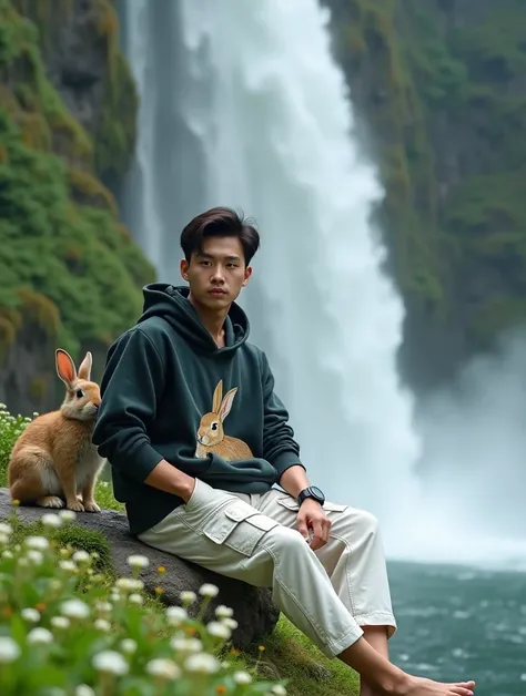 A Handsome Korean man with white skin. well-groomed face, sitting pose on a rock next to a very large waterfall, dikelilingi bunga kecil berwarna hijau, and big rabbits roam around the flowers, smiled faintly, rambut hitam pendek, wearing an olive black kn...