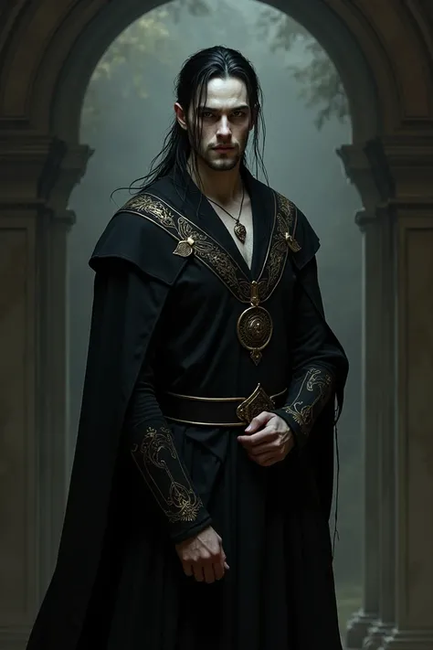  Tharion is a man of creepy beauty ,  with long black hair tied in a low tail ,  but with locks that escape his face .  His black and penetrating eyes An Endless Abyss ,  and his icy gaze hides a latent madness .  The pale and  complexion ,  together with ...