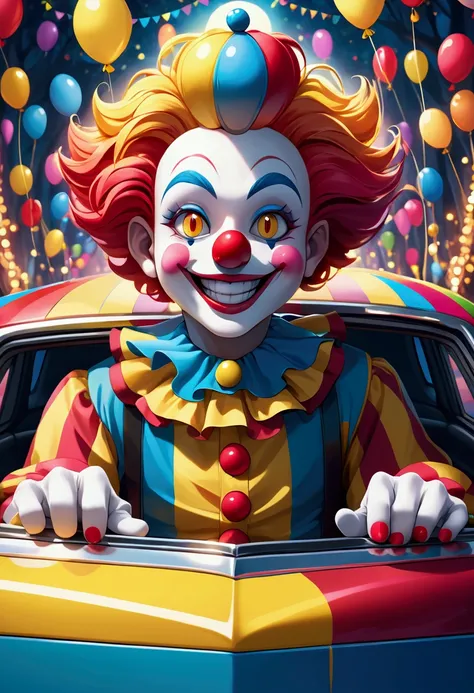 a dark blue, red and yellow striped place with a cute cute clown smiling colorful in a magical enchanting place cheery in a colorful luxury car