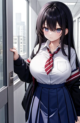 {  Masterpiece }, { best quality}, 1 girl,School_uniform, big breasts、 black hair long hair, big breasts