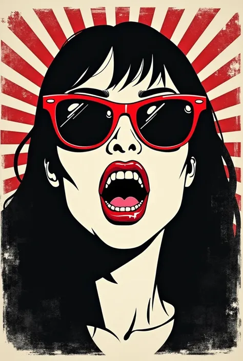 Black and white vector graphic of the face of a VAMPIRE woman wearing red glasses, sharp vampire fangs, mouth open, against a striped background design in a grunge style. The image has a vintage modern aesthetic, with simple shapes and bold lines, giving i...