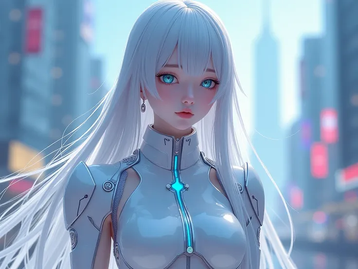 Beautiful female characters in。 clear skin、 delicate facial features、 long straight silver hair 。Eyes are shiny blue 、 a pattern like a digital circuit floats in her eyes 。 The costume has a simple and stylish cyberpunk-style design based on white and silv...