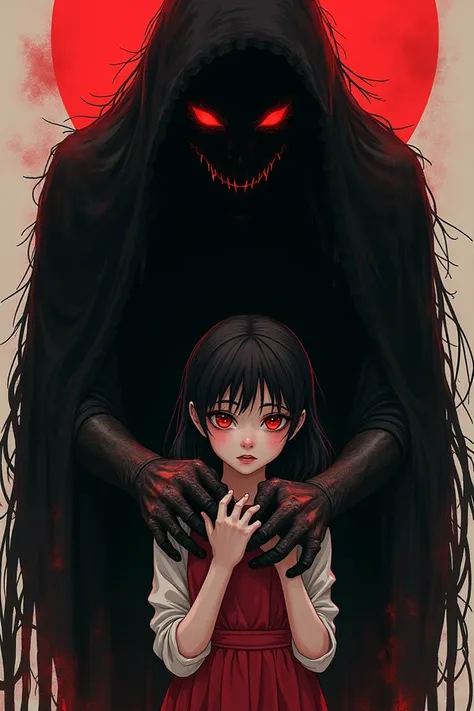 Can you generate an image of a girl being held by a demon from behind her like grabbing her neck and she has this scared yet hopeful expression while shes reaching out on the hand reaching out to her as well and the demon behind her is slowly fading away.
...