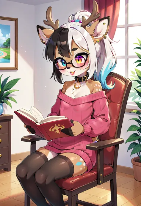 (deer girl, deer antlers, anthro, fur tufts, fluffy fur, furry, loli body, loli height, flat chest, chest fur, loli face, heterochromia, multicolored hair, ponytail, piercing, black makeup, black lipstick, tattoo, gold jewelry, glasses, collar, hanging lar...