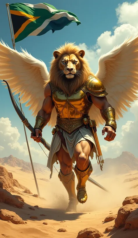 A fierce lion-headed angel, his mane flowing as if stirred by an ethereal wind, advances, his powerful body encased in a golden breastplate, silver belt accentuating his imposing physique, and golden boots that crush the rocky terrain beneath him. His righ...