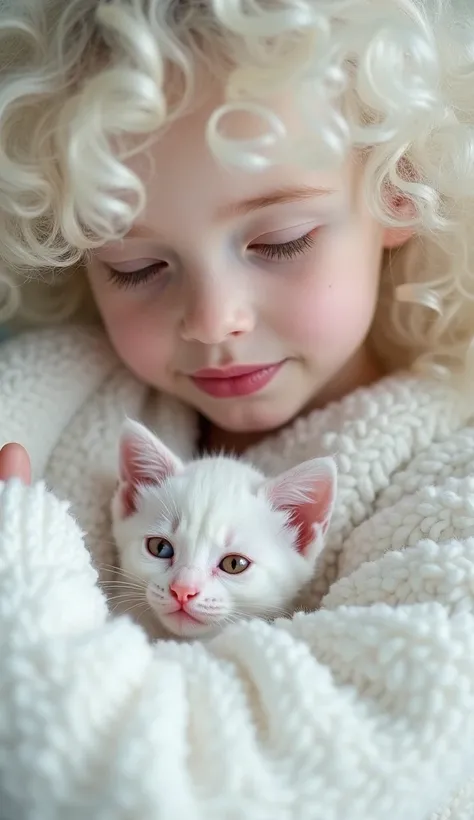 Close-up portrait of a pale-skinned  with curly, voluminous white hair, gently cradling a small, white kitten.  s eyes are closed, and a soft, gentle expression is evident on her face.  The kitten is nestled securely in the s hand, looking directly at the ...