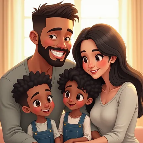 A beautifully illustrated, animated-style family portrait featuring four individuals with warm and cheerful expressions. The composition includes:

Father: A man with a short-cropped hairstyle, neatly groomed beard, and medium-brown skin tone. He is wearin...