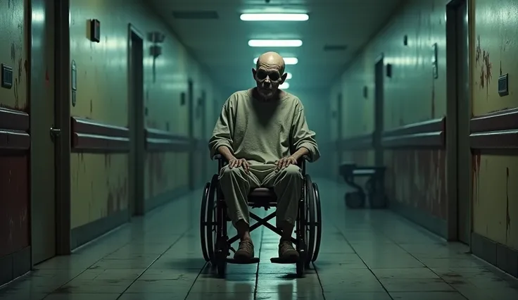 A hyper-realistic and terrifying depiction of an elderly man seated in a wheelchair in the middle of a dimly lit hospital corridor. The man’s face is gaunt and deeply wrinkled, with hollow cheeks and pale, almost translucent skin that seems stretched over ...