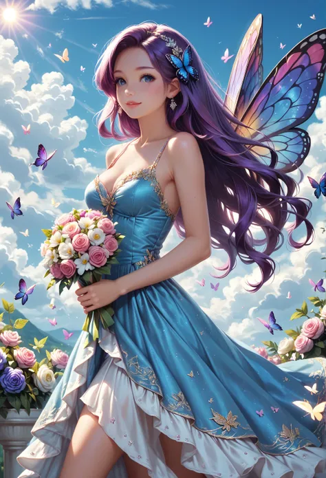 ( Extremely detailed,  best quality), floating, An extremely delicate and beautiful scene, Similar to a dream,, , [(1 ),(Long purple hair),   detailed face, paste ribbon, Elegant Blue Dress, standing on a cloud, (general plan), ( Mysterious Atmosphere ):1....