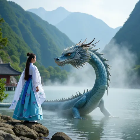 A serene and commanding Mother of Dragons in a traditional Korean hanbok, standing near a tranquil lake surrounded by towering green mountains. Her hanbok features flowing blue and white layers, embroidered with delicate dragon patterns. At her side, a Kor...