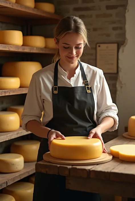 woman cheesemaker wearing white uniform and black apron in the cellar, beautiful wooden shelves with a ready cheese circle, ripening. Cheese production, home basement, indoor. Private entrepreneur.


