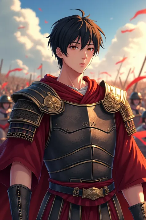  best quality,  greatest masterpiece,  highest resolution，（Caesar) ， (ancient warrior armor) ，（Roman gladiator） ，（battlefield_background）， short hair ，Black Hair，Elderly men，  anime style, （4K）, Alone， ((whole body)) ， young man accompanied by，Tsuyoshi Nag...