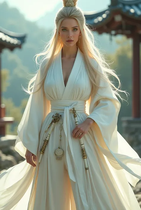  Woman with long ,  with golden hair and cold ,  green eyes .  She is wearing a traditional Japanese :  white kimono ,  over which to wear white haori ,  decorated with white feathers , and wide ,  white hakama .  Behind her hakama belt, she has two big on...