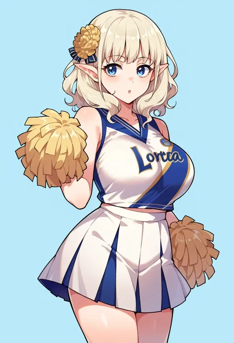 score_9, score_8_up, score_7_up,score_6_up, score_5_up, score_4_up, rating_safe ,source_anime,BREAK   cowboy shot,  loretta, light blonde hair, blue eyes, pointy ears,  hair ornament  ,enormous breast,cheerleader,   dynamic pose,