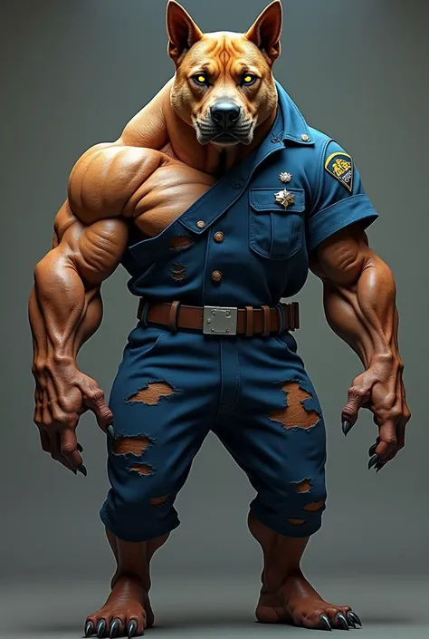 fusion: Civil Guard  +  Pitbull strong muscular fierce anthropomorphized 
" A colossal hybrid , mixing a city guard and a German shepherd. The creature has the strong and muscular build of a human, but its face is a fusion of human features with the snout ...