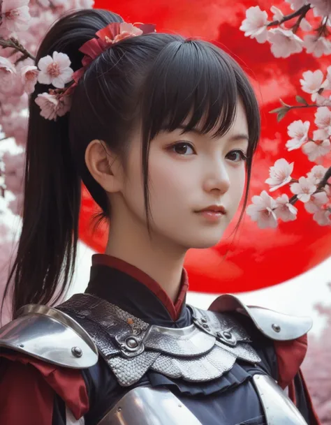 (  Fantasy Art , (Yoshitaka Amano)), ( Portrait of a beautiful female knight, suzuka nakamoto xl,   ponytail hair), Night grassland background,  (Red Moon,  Portrait of a Beautiful Female Knight in Black Japanese Style Armor  , Red accents), Cherry Blossom...