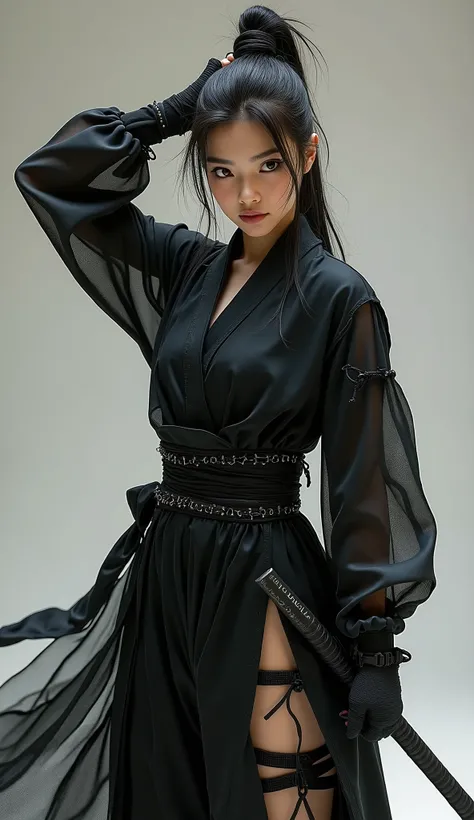  best quality ,  realistic ,  very detailed, finely,  high definition , 8k、 beautiful Japanese ninja carrying weapons 、Tying up hair、Double teeth、Dimpled face、 delicate eyes 、  must be facing forward、 is staring at the camera、Shuriken on inner thigh、 black...