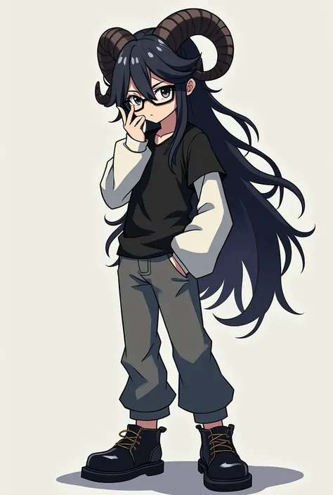 Create the image of a young teenage boy 
slender anime style with long flowing black hair 
Messy with sheep horns, 
 black eyes with fascinating sexy black catchy eye glasses
 a black shirt with a white collar,
  long white sleeves covering the hands ,
 Tr...