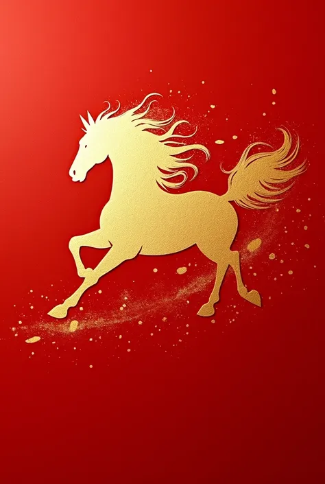 A Chinese New Year card design with a vibrant red background mimicking traditional red paper texture. In the center, a dynamic horse figure is painted in fluid, expressive strokes using shimmering golden ink. The horse is depicted in a graceful, running po...