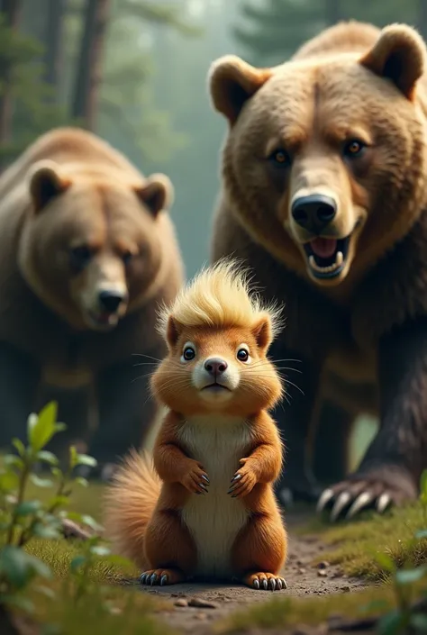 A male squirrel with Donald Trumps face and hair fighting bears