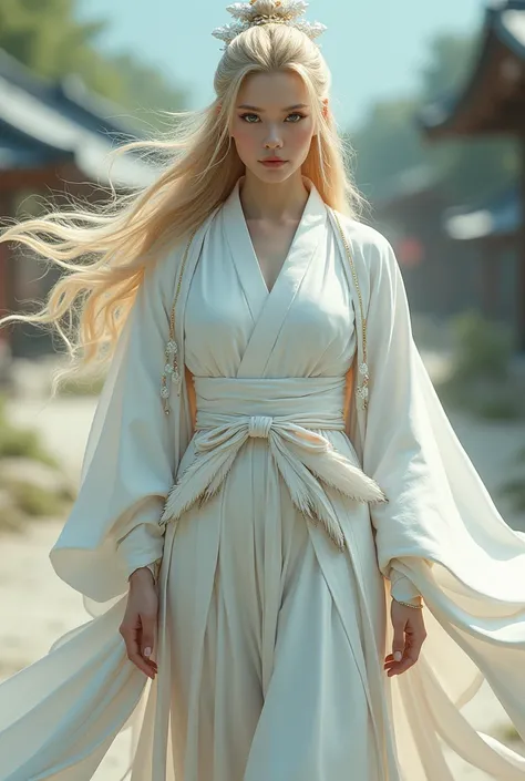  Woman with long ,  with golden hair and cold ,  green eyes .  She is wearing a traditional Japanese :  white kimono ,  over which to wear white haori ,  decorated with white feathers , and wide ,  white hakama .  Behind her hakama belt, she has two big on...