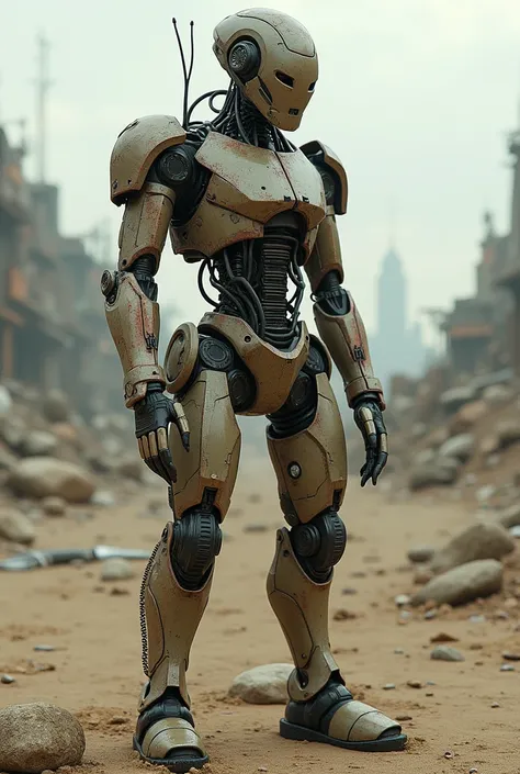 An apocalyptic Android with aging parts and loose wires