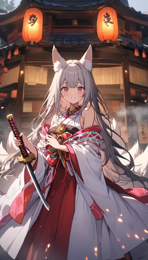 Fox、((8k、samurai girl、Holding a small sword、 fox ears、fog)),  short、Calm face、Gray Hair、sparks、 long hair、Scarlet Hakama、Shrine Maiden Costume、