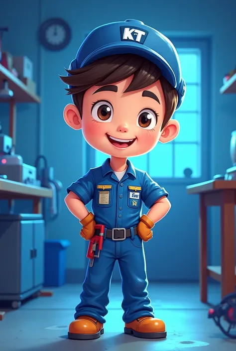 ตัว Cartoon character, boy is an electrician Wear a mechanics uniform with the KT logo in a blue theme.
