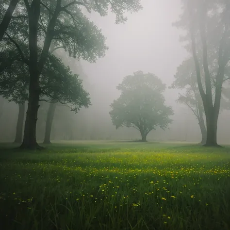 a foggy meadow with heavy rain, lush green grass, mist swirling around, moody atmospheric lighting, detailed realistic landscape, dramatic cinematic composition, vivid colors, moody melancholy mood, photorealistic, 8k, high quality, masterpiece