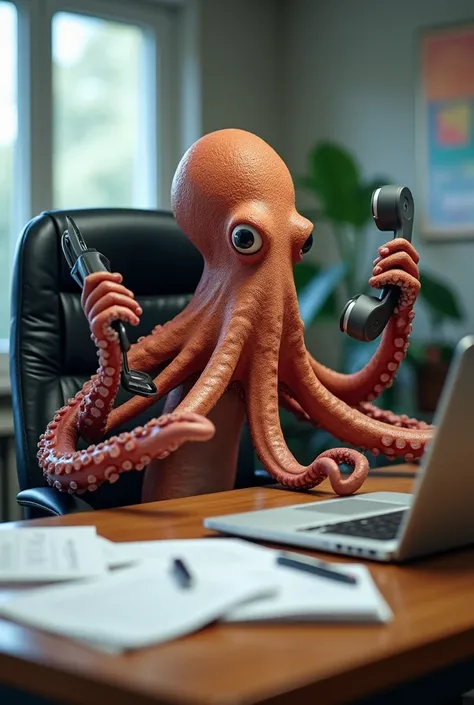 An octopus holding phones and laptops, sitting on an office desk, with papers around it. The tentacles of the creature should be visible as they hold these items, creating a busy professional atmosphere in a business setting.


