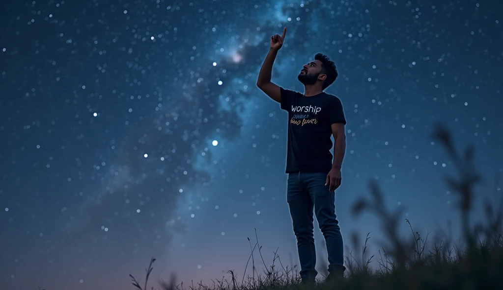 "A Nepali man aged 25 with a medium complexion, wearing dark blue jeans and a simple black t-shirt with Worship Music Lover written in stylish white font. He stands under a vast, starry night sky, with one arm raised, pointing toward the stars as if showin...