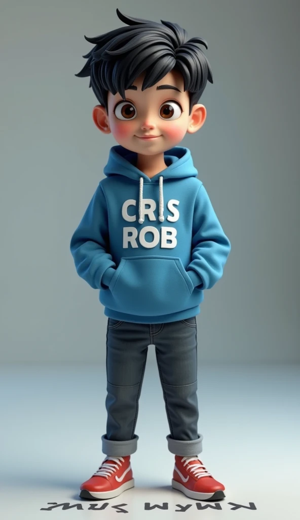 Create 3d image features a collection figure of a boy, slim body, shory black hair, human like skin, narrowed eyes,  wearing blue hoodie jacket with name "CRIS ROB" clearly visible written on the front of it. The word CRIS ROB is written beneath the floor....