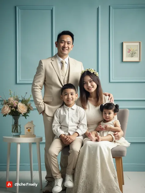 Indoor photo studio. Indonesian family. A 30-year-old slightly fat father wearing a cream-colored suit standing and hug pose, the 30-year-old slightly fat mother is wearing a white dress, a  boy is in a white shirt,and a 2-years-old baby girl is wearing a ...