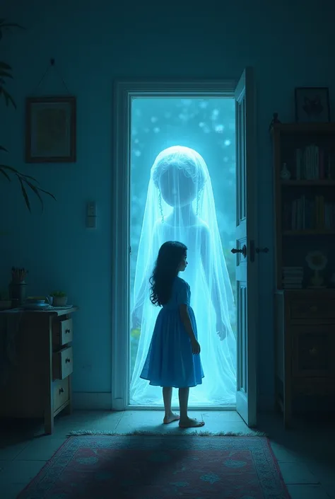 One Indian girl  wearing blue frock and see ghostly doll in dream home inside at night 