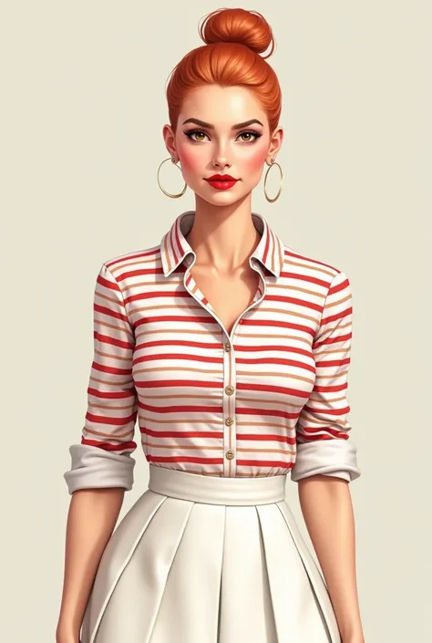  create the image of a white Brazilian woman , with hair in a red salmon shade ,  wearing a bun on the back of the neck without fringe ,  wearing a striped shirt with horizontal red and white stripes,  with the shirt bars inside the white skirt , red lipst...