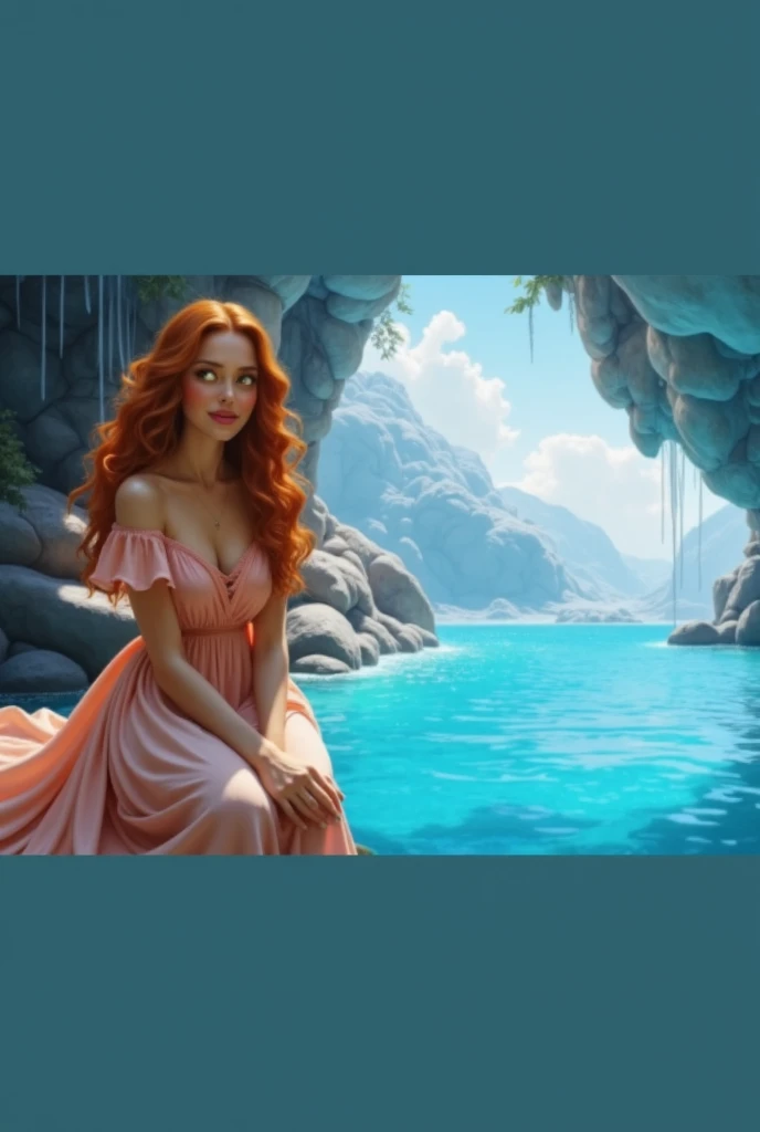 Ethereal personification of Hope and Love, kind smile, beautiful curvy goddess of the sun with long curly amber hair and yellow eyes sitting in a sunken grotto wearing a flowy blush pink dress, charming, whimsical, colorful, fantasy, intricate, meticulousl...