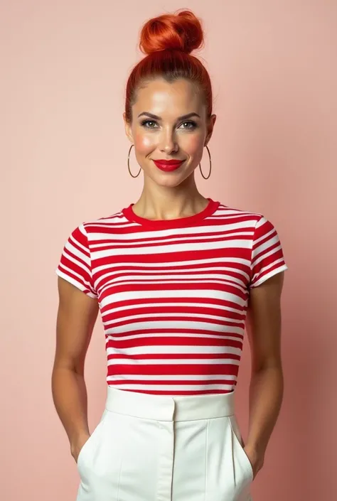  create the image of a white Brazilian woman , with hair in a red salmon shade , Using a bun tied around the back of the neck without fringe ,  as a hairstyle wearing a striped shirt with horizontal red and white stripes,  with the shirt bars inside the wh...