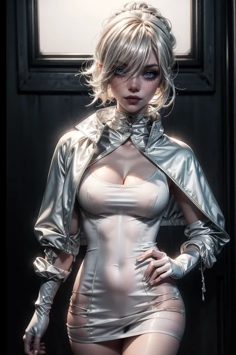 lora_Emma, a girl with short ash-blond hiar, blue eyes, freckles, ((high fashion white colored silk mini-dress)), (high fashion ultra tight fitting white silk fingerless gloves), (high fashion aesthetic silk scarf), (((high collar silver bolero jacket))), ...