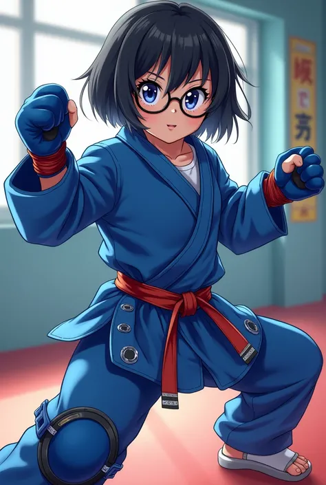 (anime) A short  short black hair round glasses blue taekwondo clothing and knee protection and blue MMA gloves 