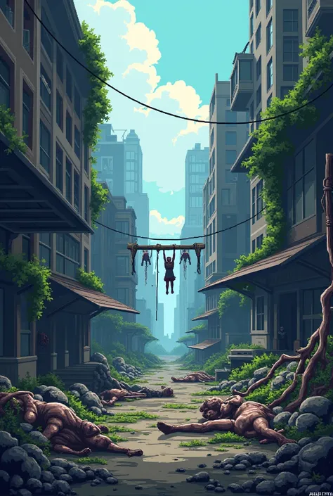 I want a wallpaper of a small post-apocalyptic city with blood and bodies scattered around the place, some of them hanged the city covered by radioactive vegetation due to nuclear bomb expansions. I want pixel-style art