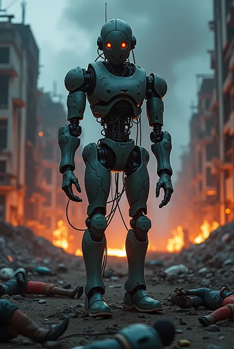 An apocalyptic Android with aging parts and loose wires in an environment completely destroyed by war in a burning night city and the bodies of Dragon Ball Z characters on the floor 