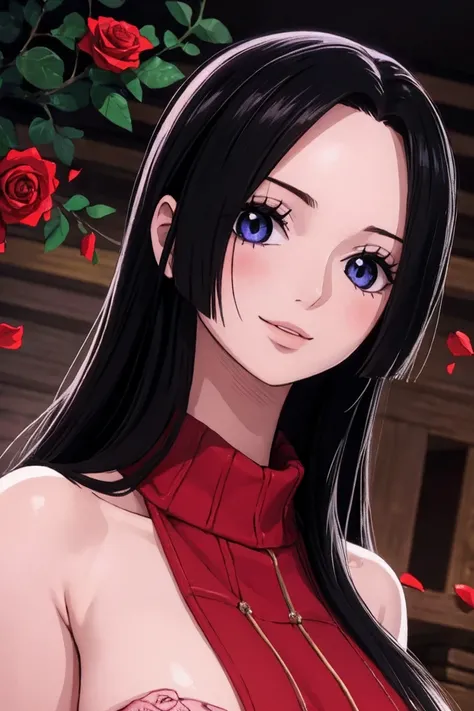 best quality, masterpiece, highly detailed,1girl,  ((rose)), (vine), cage, bandage, red rope, (detail light), falling rose petals, Boa Hancock,, (masterpiece:1.5), Detailed Photo, Smiling,(8K, Photorealistic, Best Quality: 1.4), (1girl), Beautiful Face, (a...