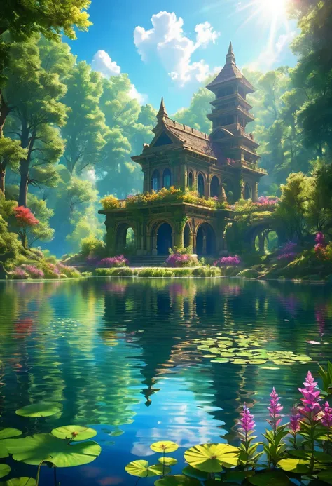 Tranquil lake, fantasy RPG setting, serene landscape, calm water reflecting the sky, lush forest surrounding the lake, sunlight filtering through the trees, wildflowers blooming on the shore, lost civilization, architecture of lost civilization, vibrant co...