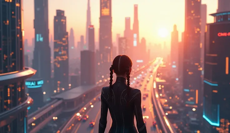 Full body scene, surreal scene, Realistic, Hyperrealism, wide view, zoom out view, Sunny morning, Side Braids. An awe-inspiring futuristic cityscape at twilight, the skyline dominated by towering skyscrapers with golden halos and holographic displays. Slee...