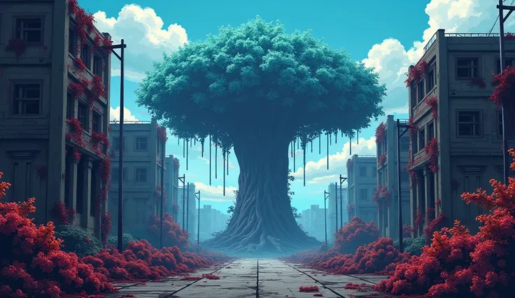 I want a wallpaper of a small post-apocalyptic city with blood and bodies scattered around the place, some are hanging the city covered by radioactive vegetation, these plants have several different colors, and there is even a gigantic tree with blue leave...